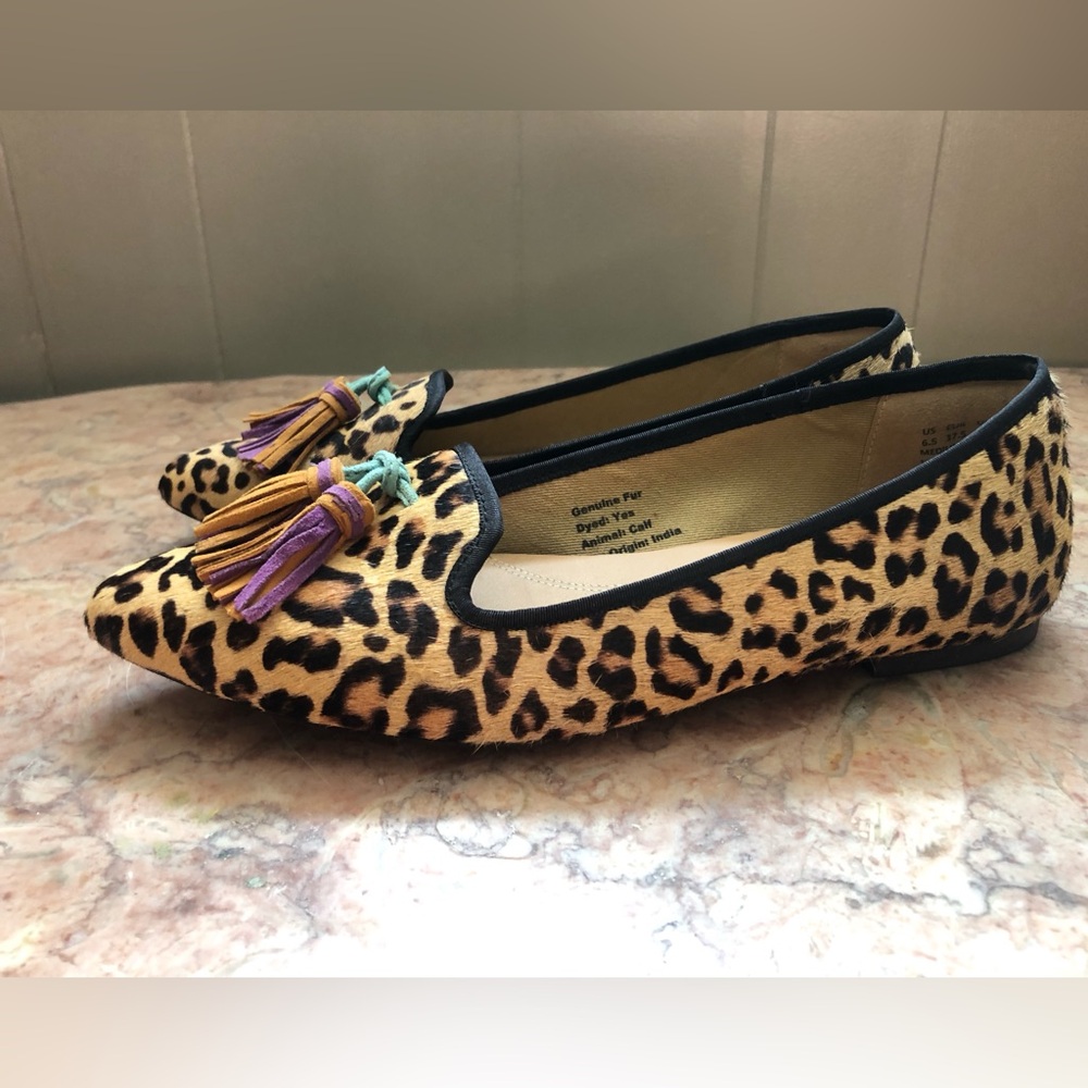 Hush Puppies Genuine Calf fur Leopard Print Tassled Flats 6.5 - Picture 2 of 6